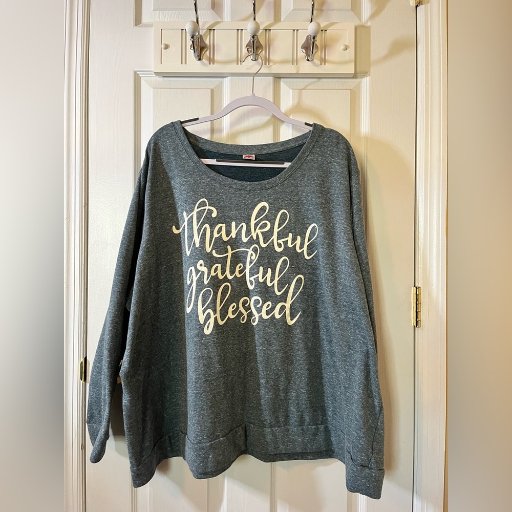 Women’s Plus 4XL Gray Fall Themed Sweatshirt “Thankful, Grateful, Blessed”